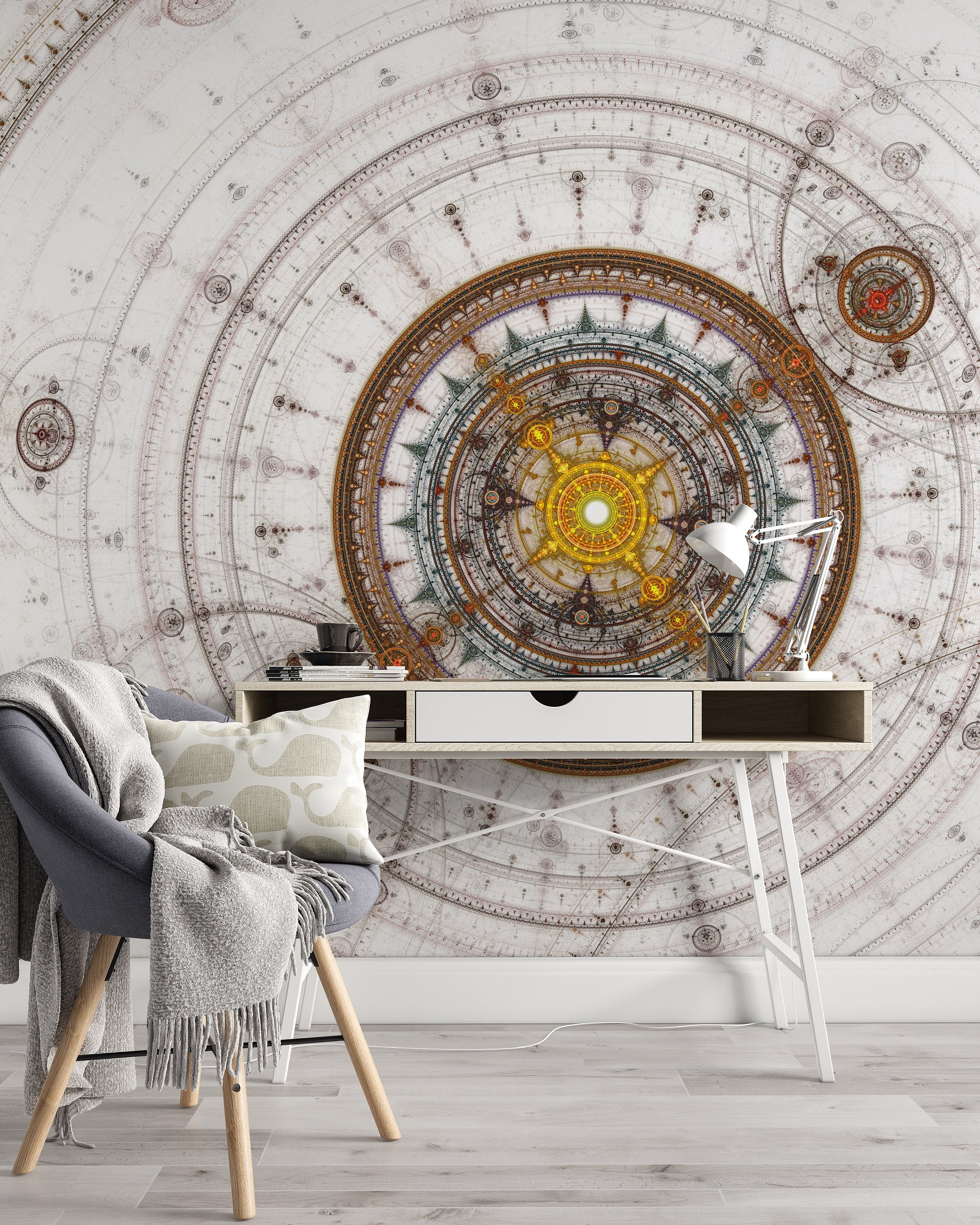 Abstract Digital Fractal Circles Compass Art White background Wallpaper Cafe Restaurant Decoration Living Room Bedroom Mural Home Decor