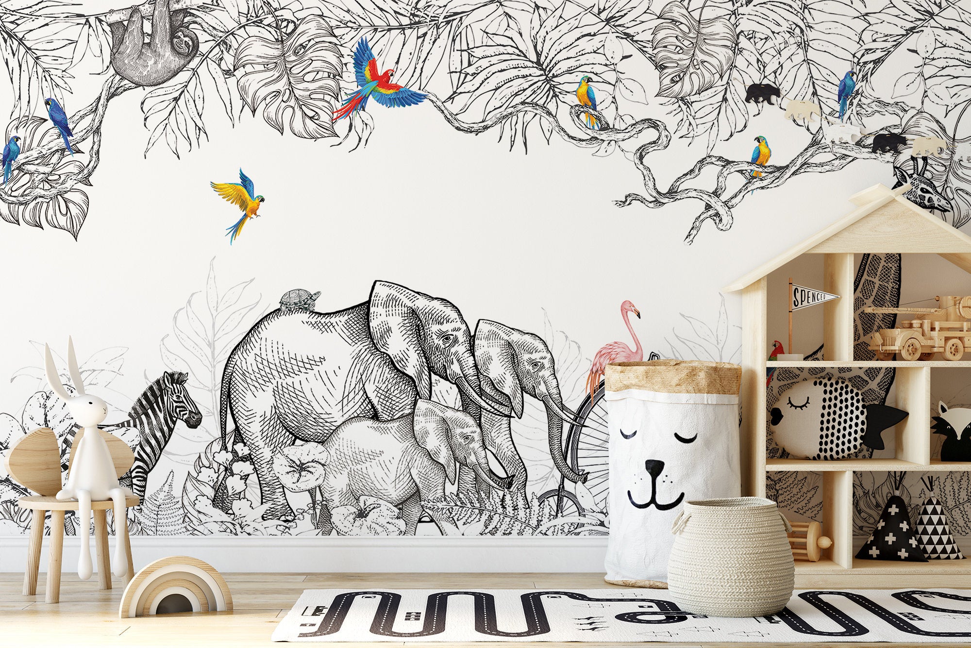 Hand Draw Elephants Trees Leaves and Flamingo Colorful Birds Wallpaper Animal Confused Children Kids Room Nursery Mural Home Decor Wall Art