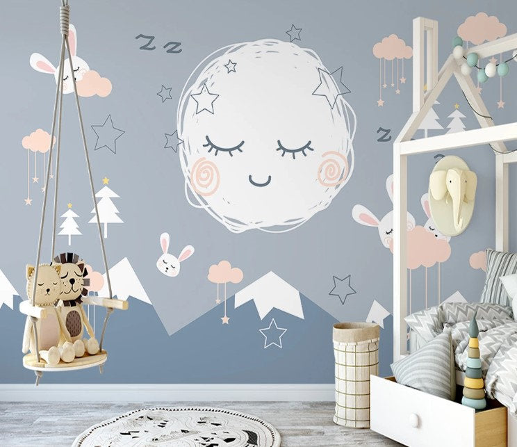 Sleeping Moon Fullmoon Mountains Rabbits Clouds Stars Trees Wallpaper Animal Animals Bedroom Children Kids Room Mural Home Decor Wall Art