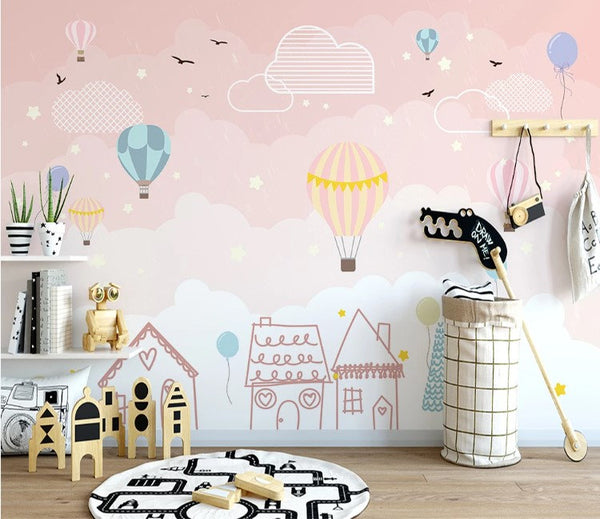 Colorful Hot Air Balloons Pink Sky Birds Hand Drawn Home Wallpaper Animal Bedroom Children Kids Room Mural Home Decor Wall Art Removable