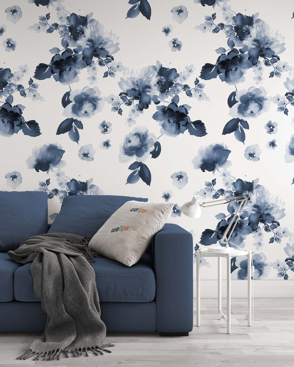 Watercolor Blue Flowers On The White Background Floral Wallpaper Living Room Cafe Restaurant Office Bedroom Mural Home Wall Art