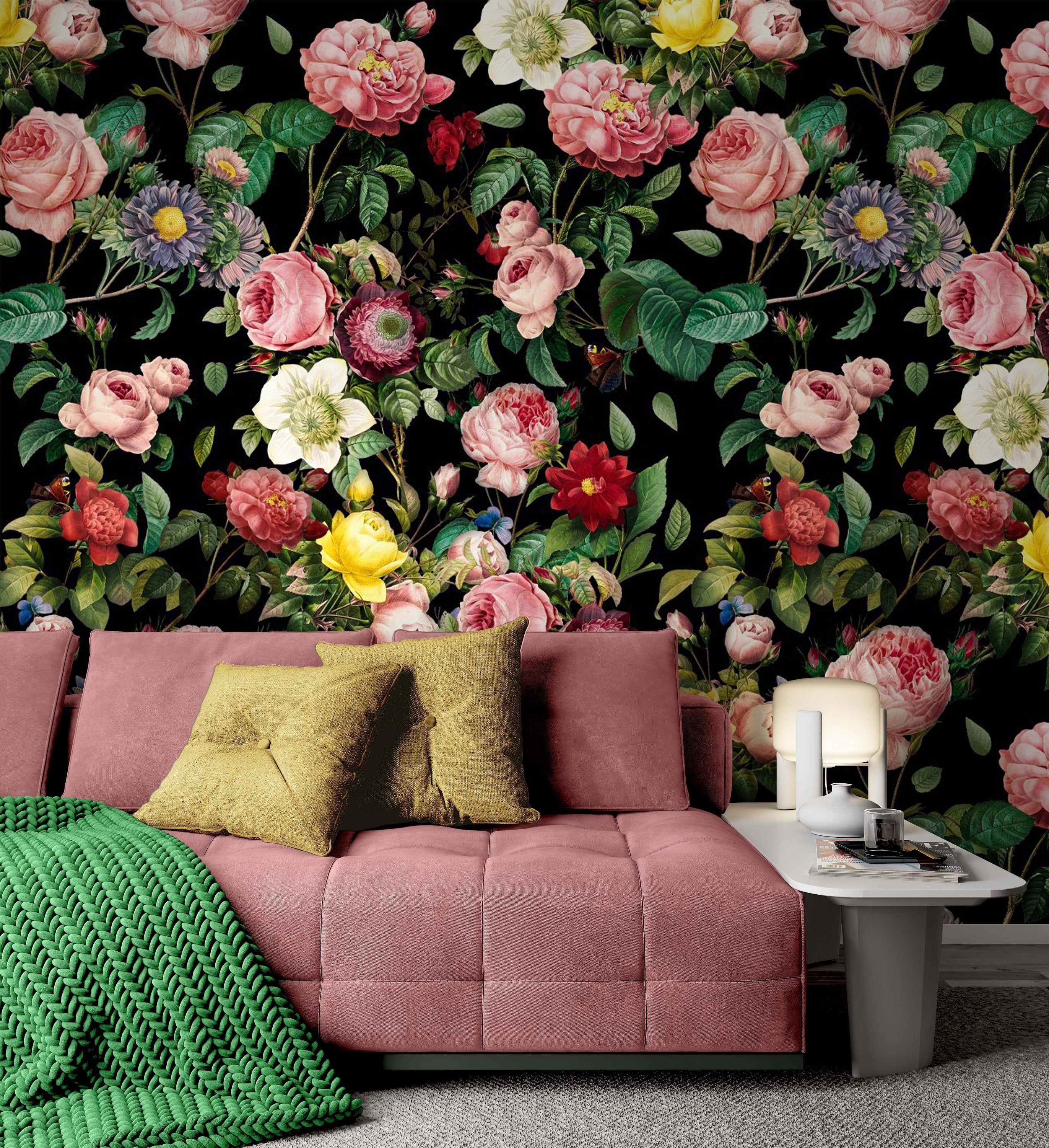 Colorful Roses Dark Floral Flowers Modern Background Wallpaper Living Room Cafe Restaurant Office Bedroom Mural Home Wall Art