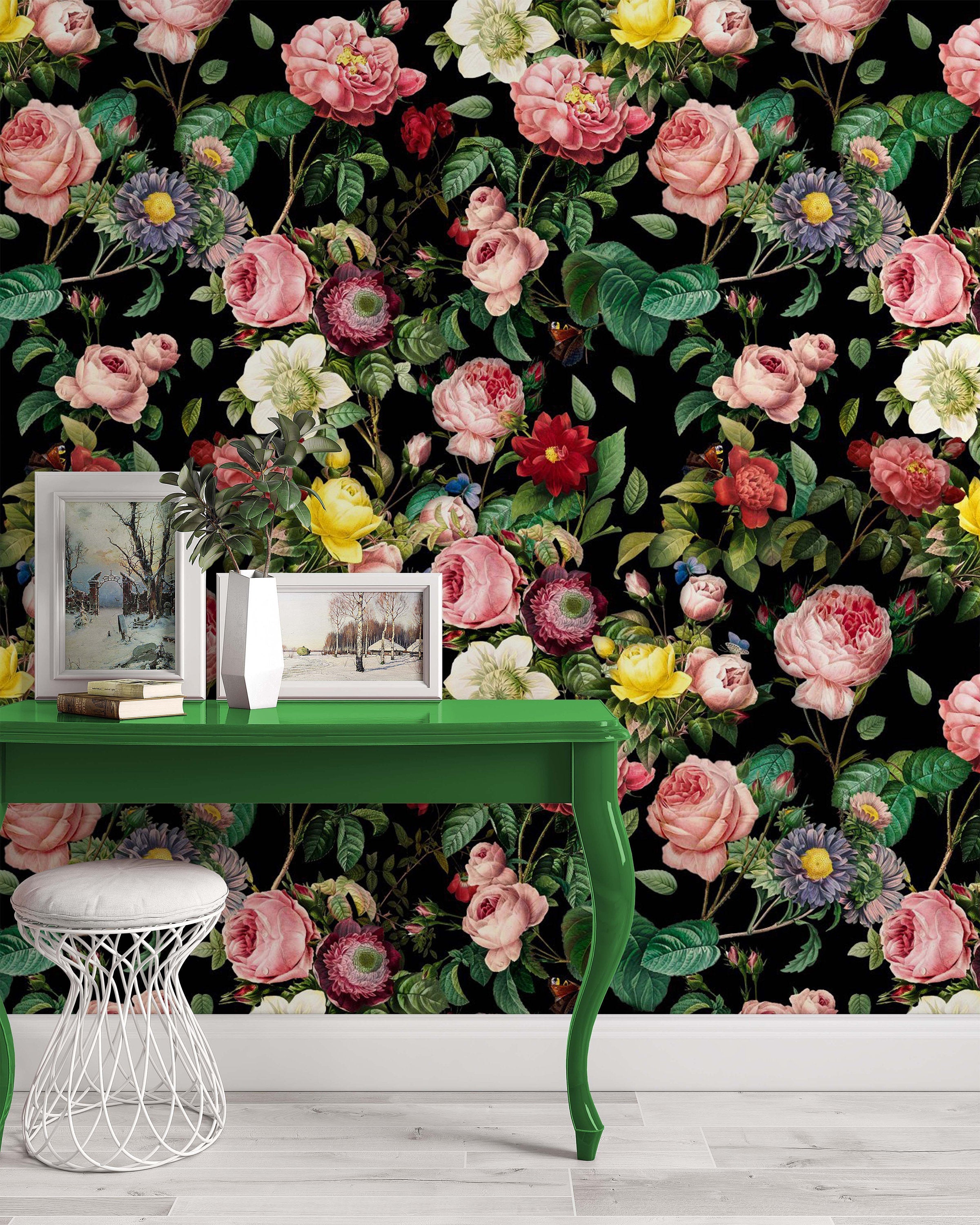 Colorful Roses Dark Floral Flowers Modern Background Wallpaper Living Room Cafe Restaurant Office Bedroom Mural Home Wall Art