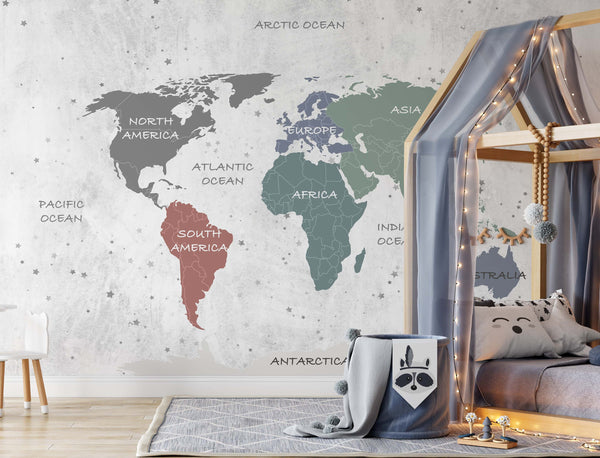World Map On The Gray White Background Colorful Continents Wallpaper Restaurant Cafe Office Bedroom Living Room Mural Home Decor Wall Art