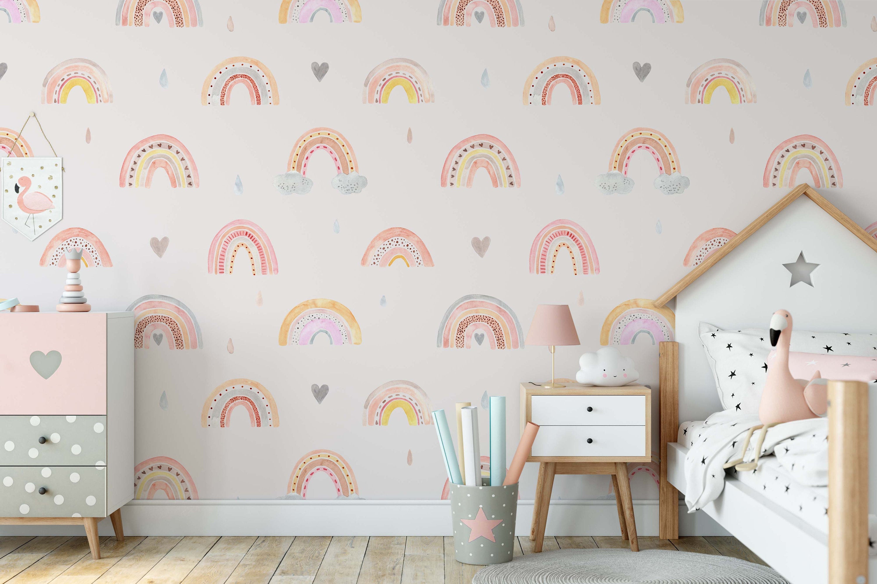 Watercolor Rainbow Rain Clouds Hearts on The Pink Background Wallpaper Animal Bedroom Children Kids Room Mural Home Decor Wall Art Removable