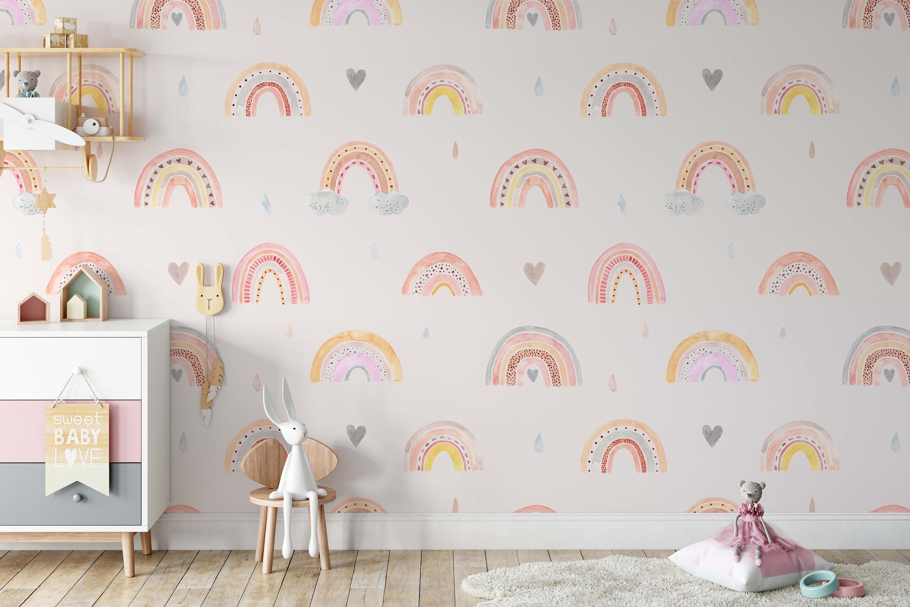 Watercolor Rainbow Rain Clouds Hearts on The Pink Background Wallpaper Animal Bedroom Children Kids Room Mural Home Decor Wall Art Removable