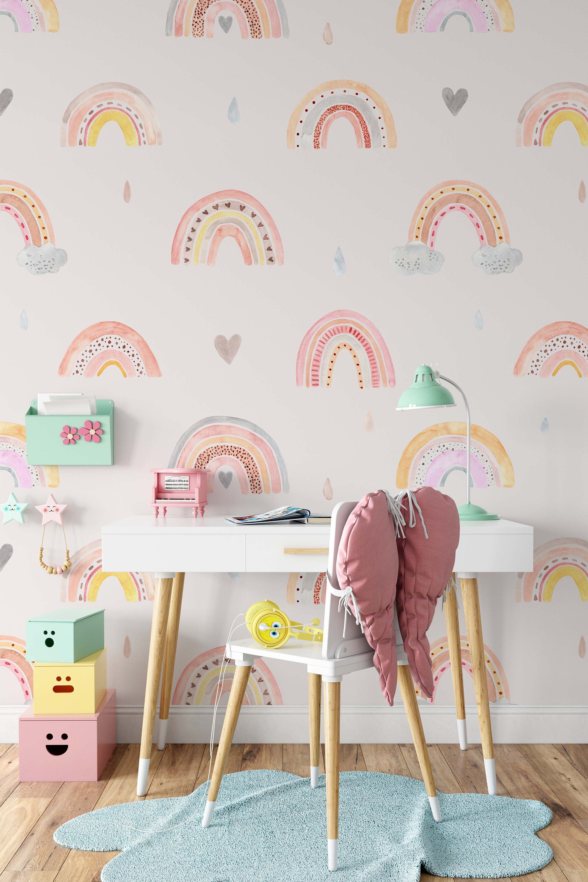 Watercolor Rainbow Rain Clouds Hearts on The Pink Background Wallpaper Animal Bedroom Children Kids Room Mural Home Decor Wall Art Removable