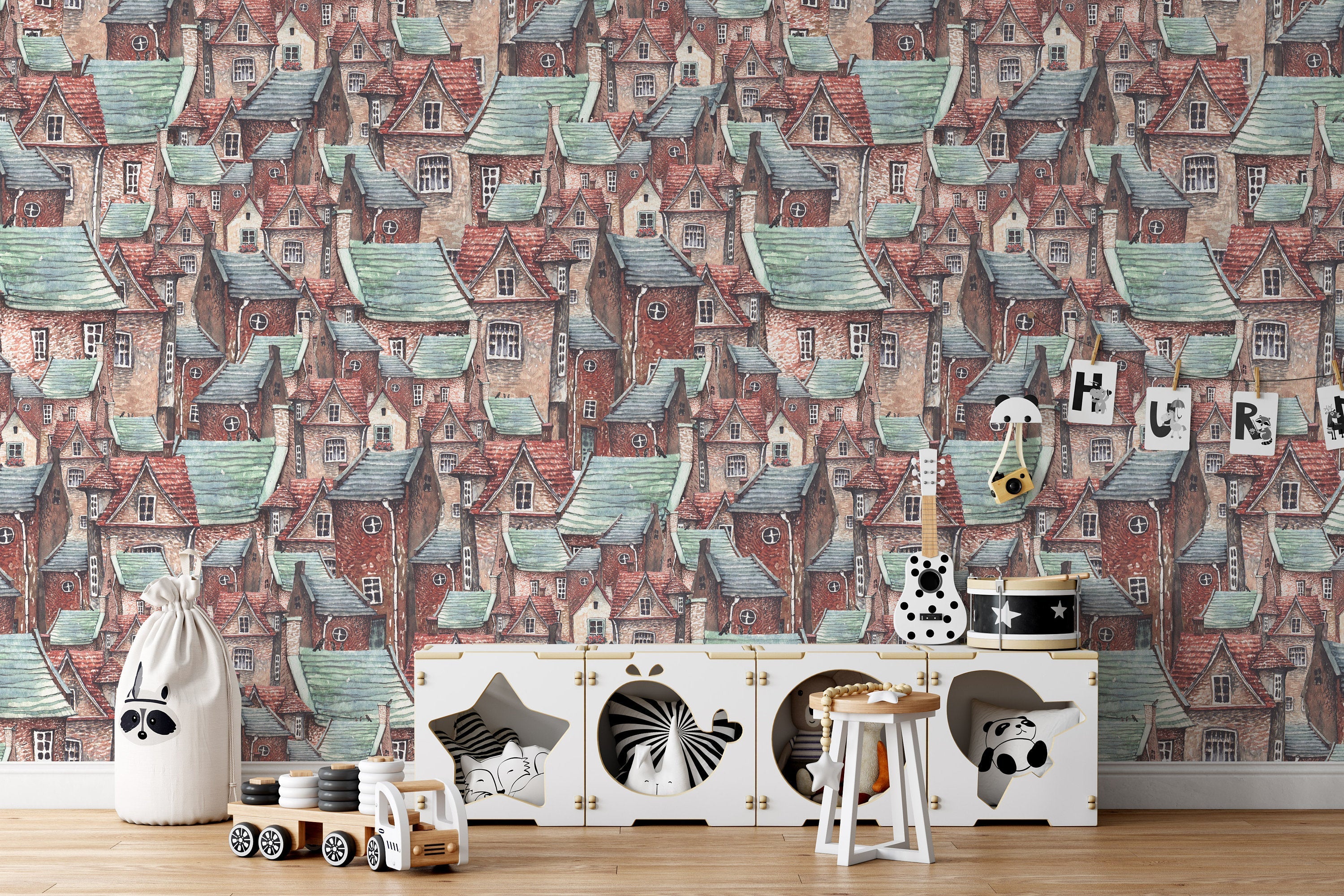 Old Town European Brick Houses and Roofs Background Wallpaper Bedroom Children Kids Room Mural Home Decor Wall Art Removable