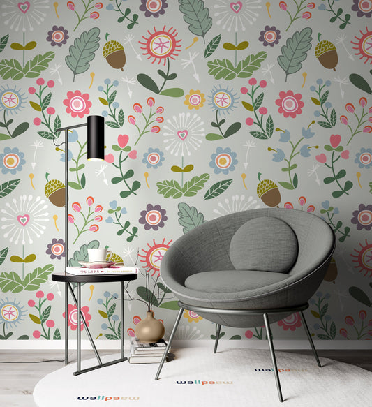 Hazelnut Colorful Flowers Leaves Water Green On The Background Wallpaper Restaurant Living Room Cafe Office Bedroom Mural Home Wall Art