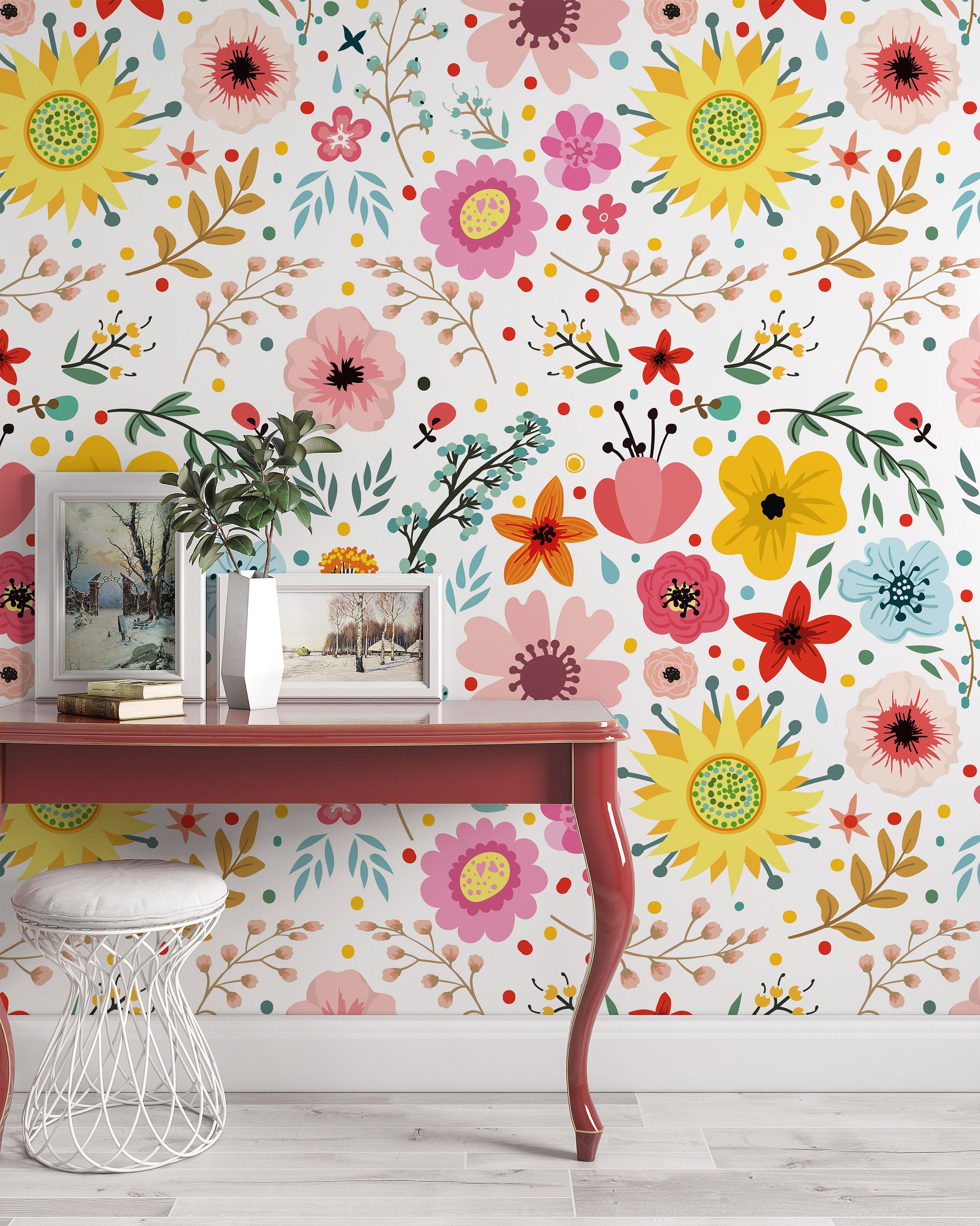 Abstract Colorful Flowers Herbs Pattern Design Floral Background Wallpaper Wall Art