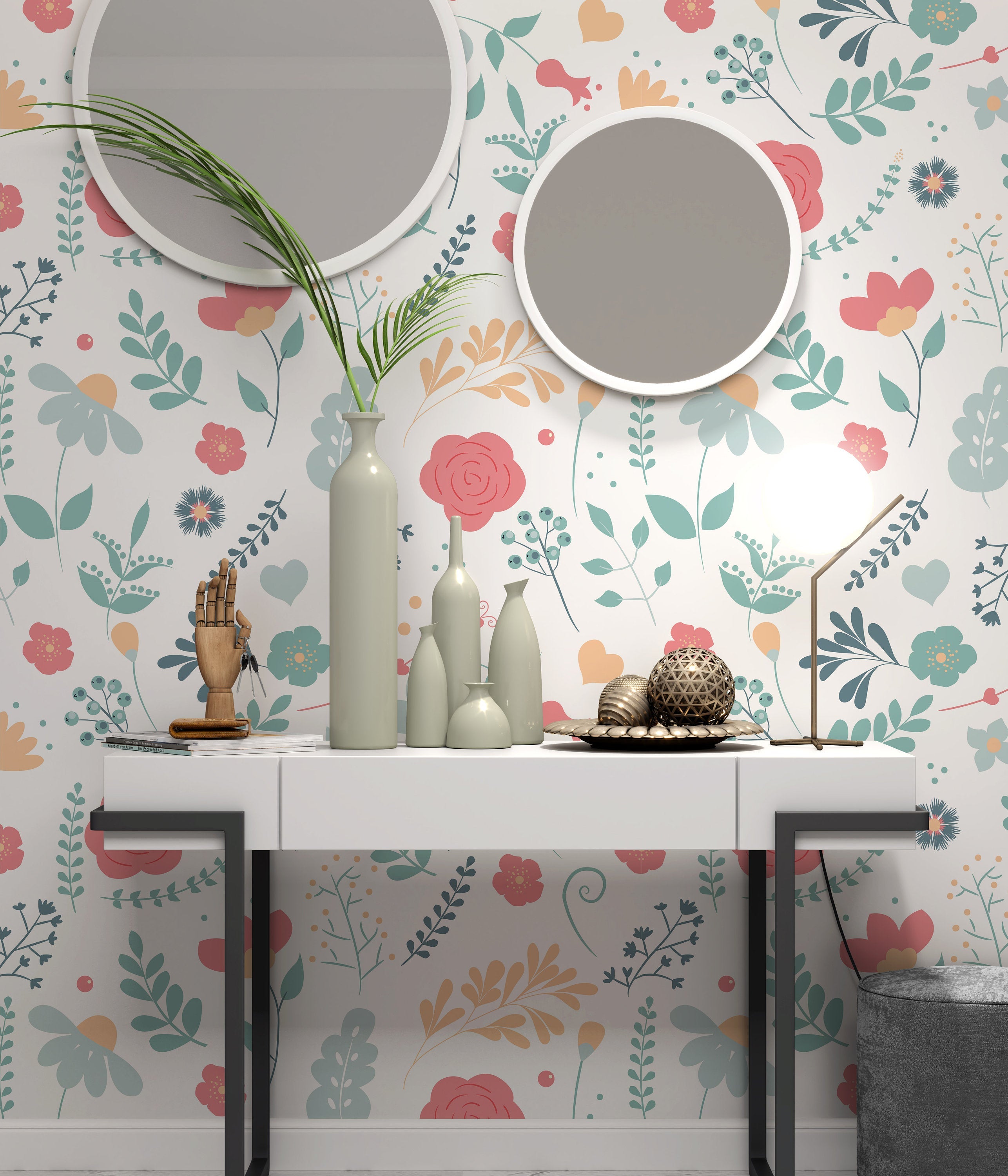 Cute Floral Flower Pattern on White Background Wallpaper Restaurant Living Room Cafe Office Bedroom Mural Home Wall Art