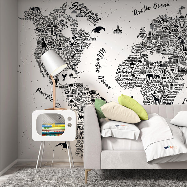 Typography Black and White Modern Luxury World Map Wallpaper Restaurant Cafe Office Bedroom Living Room Mural Home Decor Wall Art