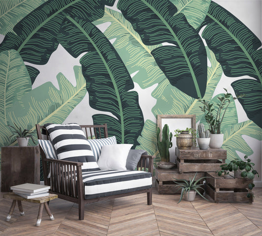 Tropical Dark and Light Green Vivid Huge Leaves Floral Luxury Background Wallpaper Children Kids Room Nursery Mural Home Decor Wall Art