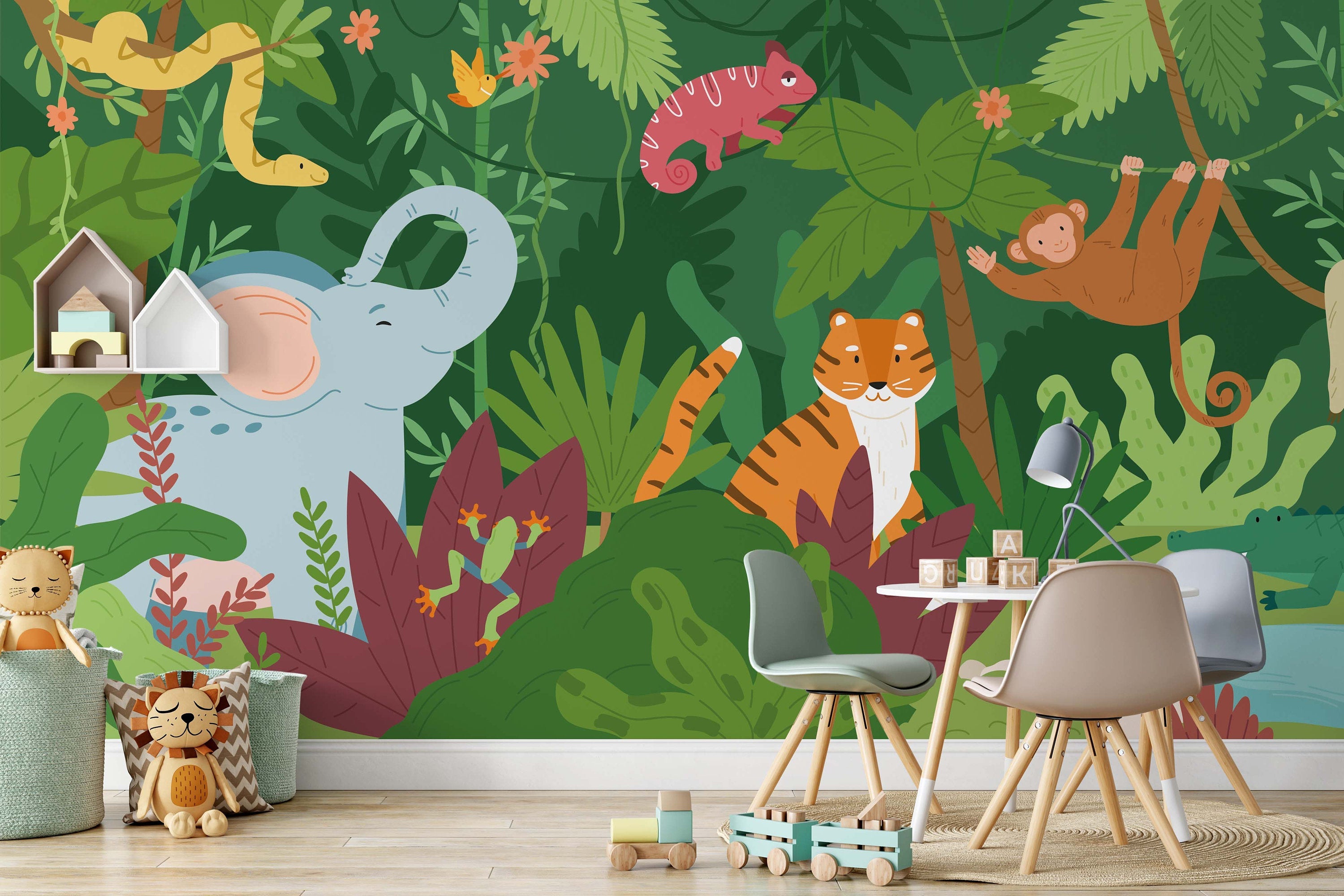 Cute Funny Inhabitants of African Jungle Exotic Plants Palm Trees Animals Wallpaper Bedroom Children Kids Room Mural Decor Wall Art