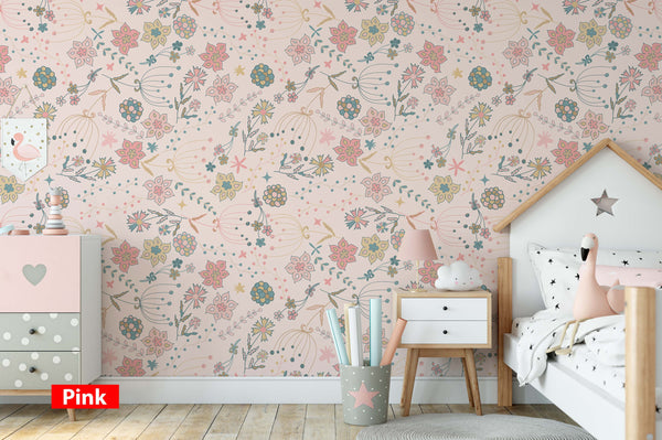 Pink and Blue Floral Pattern Plants Flowers Wallpaper Bedroom Children Kids Room Mural Home Decor Wall Art Removable