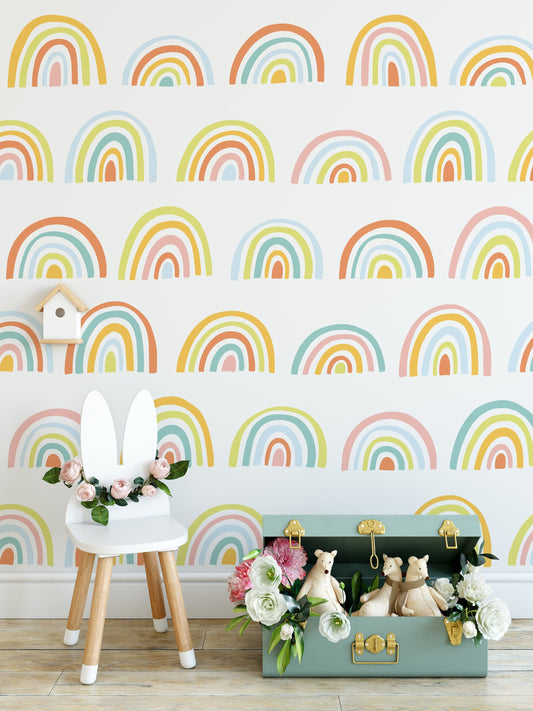 Cute Geometric Half Circle Pattern Hand Drawn Rainbow Wallpaper Animals Animal Bedroom Children Kids Room Mural Decor Wall Art