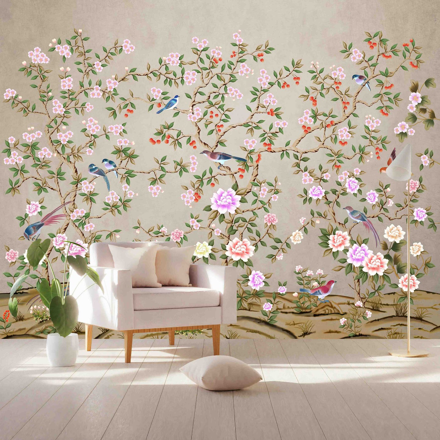 Blue Birds Purple and Pink Garden Flowers Floral Luxury Wallpaper Restaurant Living Room Cafe Office Bedroom Mural Home Wall Art Removable