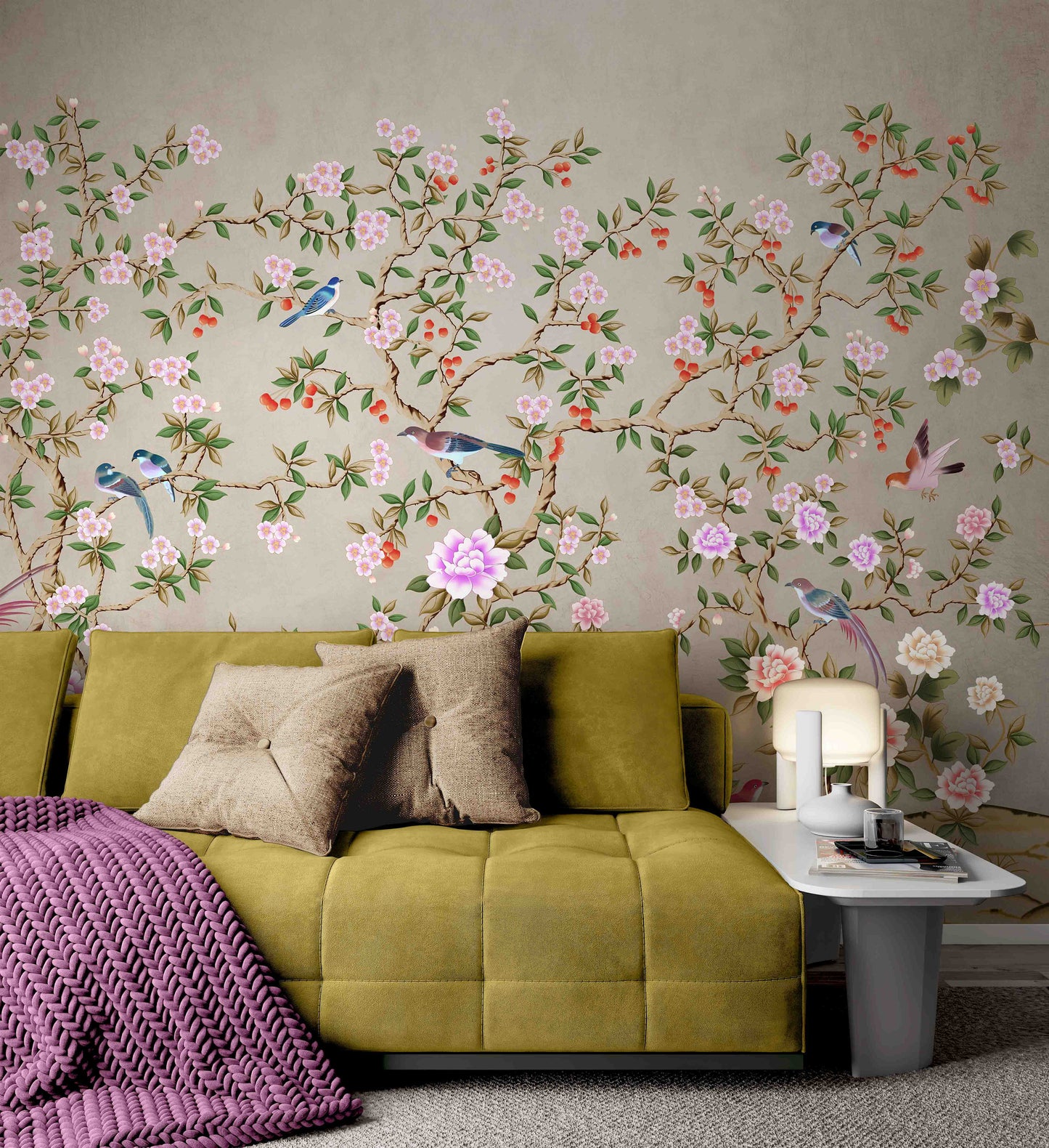 Blue Birds Purple and Pink Garden Flowers Floral Luxury Wallpaper Restaurant Living Room Cafe Office Bedroom Mural Home Wall Art Removable