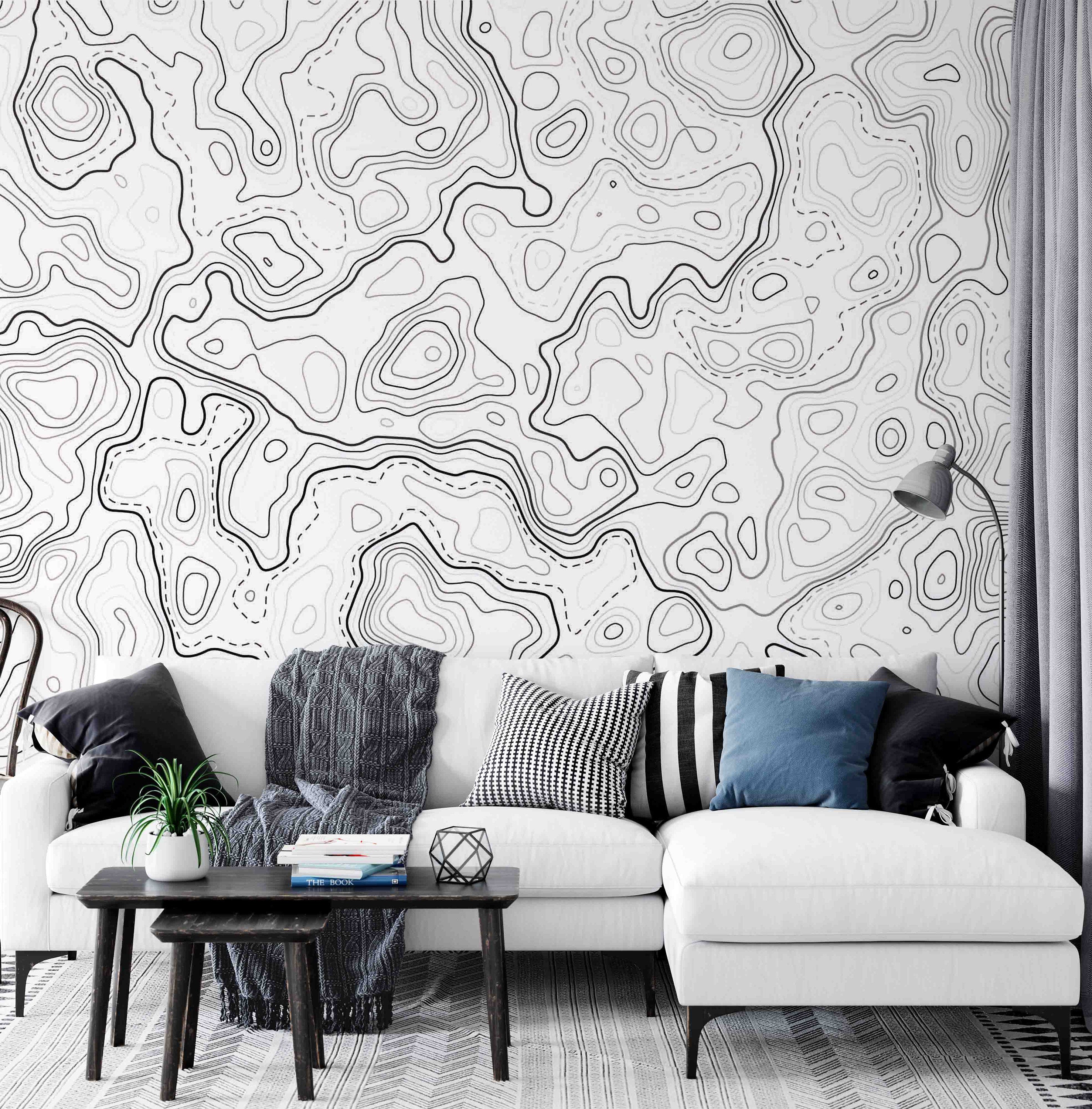 Topographic Topo Map Black White Background Wallpaper Bedroom Beauty Centre Living Room Cafe Office Mural Home Decor Wall Art