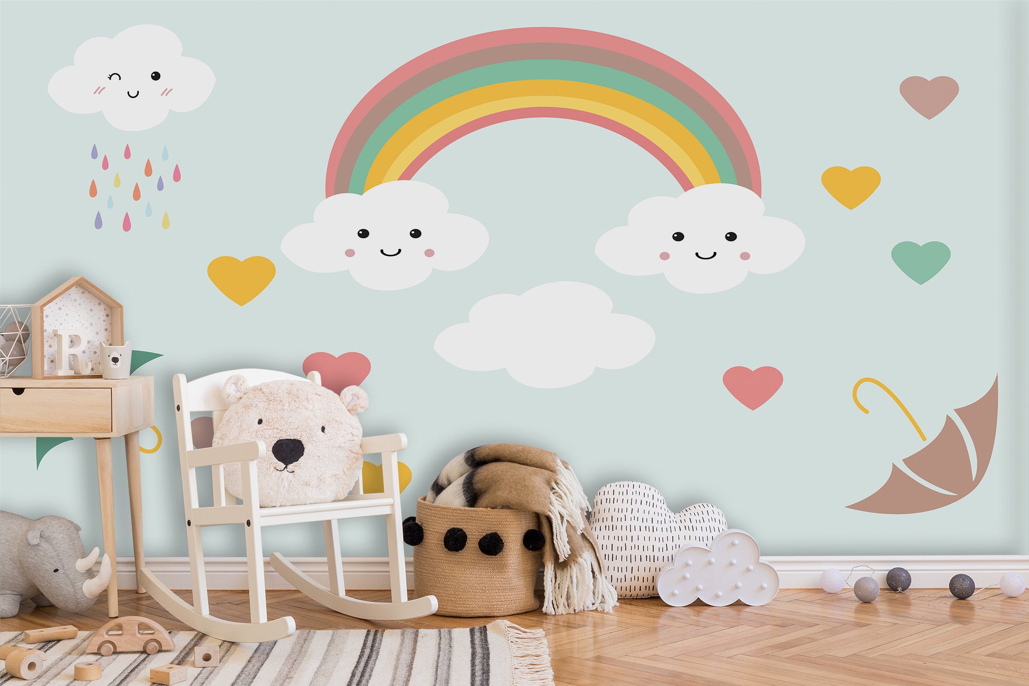 Rainbow Above Clouds Smiling Colorful Hearts Wallpaper Nursery Bedroom Children Kids Room Mural Home Decor Wall Art Removable