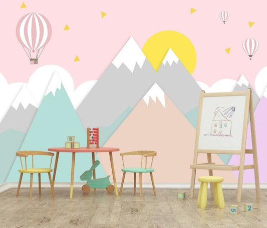 Sunrise Pink Sky Colorful Triangle Mountains Hot Air Balloons Wallpaper Nursery Bedroom Children Kids Room Mural Home Decor Wall Art