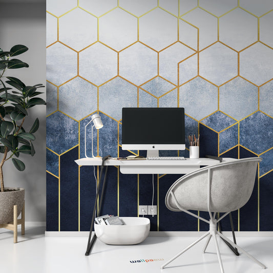 Geometric Abstraction of Hexagons on a Blue Background with Gold Elements Wallpaper Office Bedroom Living Room Mural Home Decor Wall Art