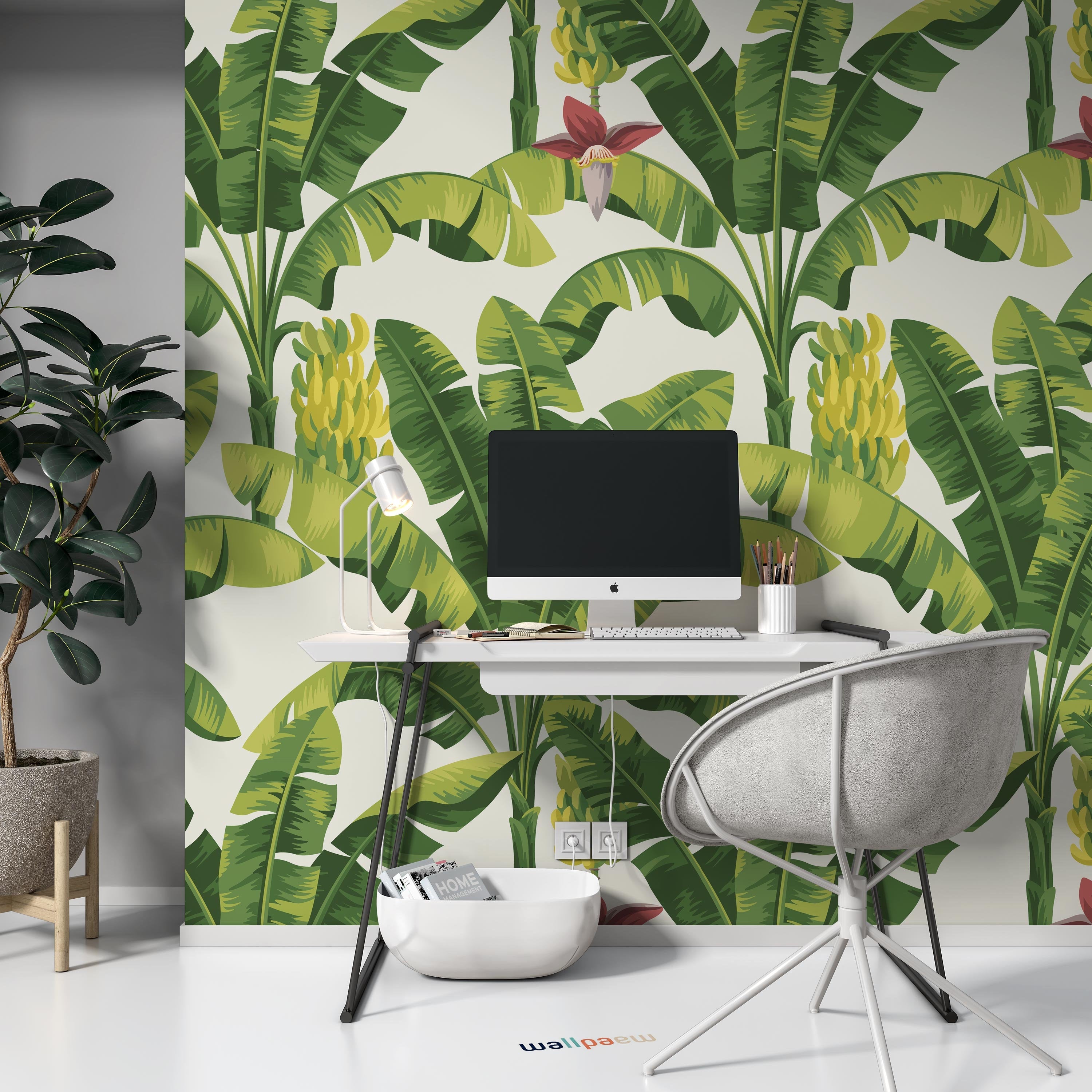Tropical Banana Palm Leaves Plants Flowers Floral Background Wallpaper Restaurant Living Room Cafe Office Bedroom Mural Home Wall Art