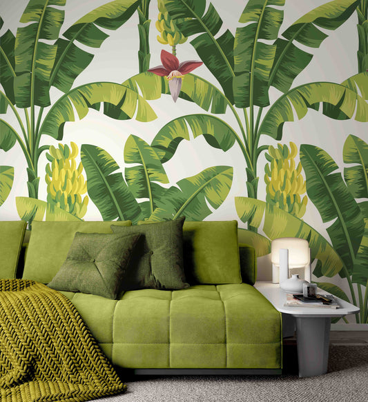 Tropical Banana Palm Leaves Plants Flowers Floral Background Wallpaper Restaurant Living Room Cafe Office Bedroom Mural Home Wall Art