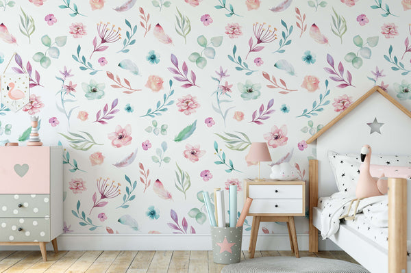 Watercolor Colorful Pattern Flowers Floral Design Wallpaper Nursery Bedroom Children Kids Room Mural Home Decor Wall Art Removable