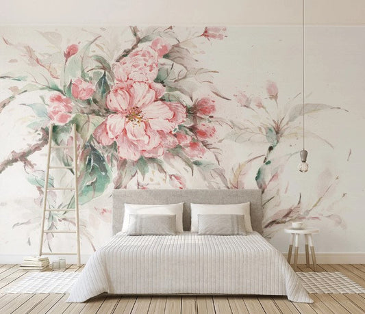 Watercolor Pink Rose Flowers Classic Floral Background Wallpaper Self Adhesive Peel and Stick Wall Sticker Wall Decoration Design Removable