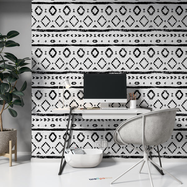 Black and White Aged Geometric Aztec Grunge Pattern Wallpaper Office Bedroom Living Room Mural Home Decor Wall Art