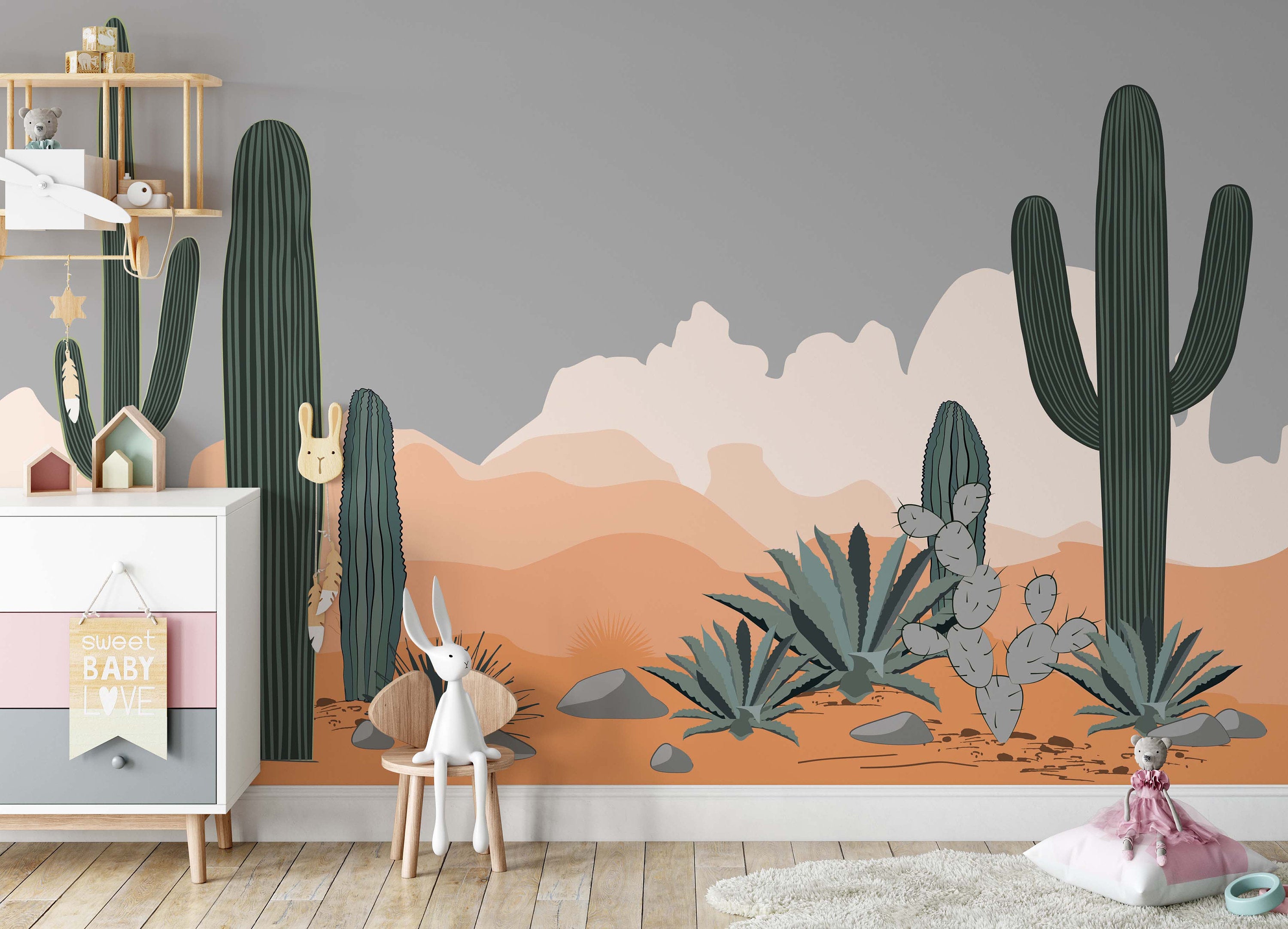 Desert Agave and Saguaro Cacti Mountains Background Wallpaper Nursery Children Kids Room Mural Home Decor Wall Art Removable