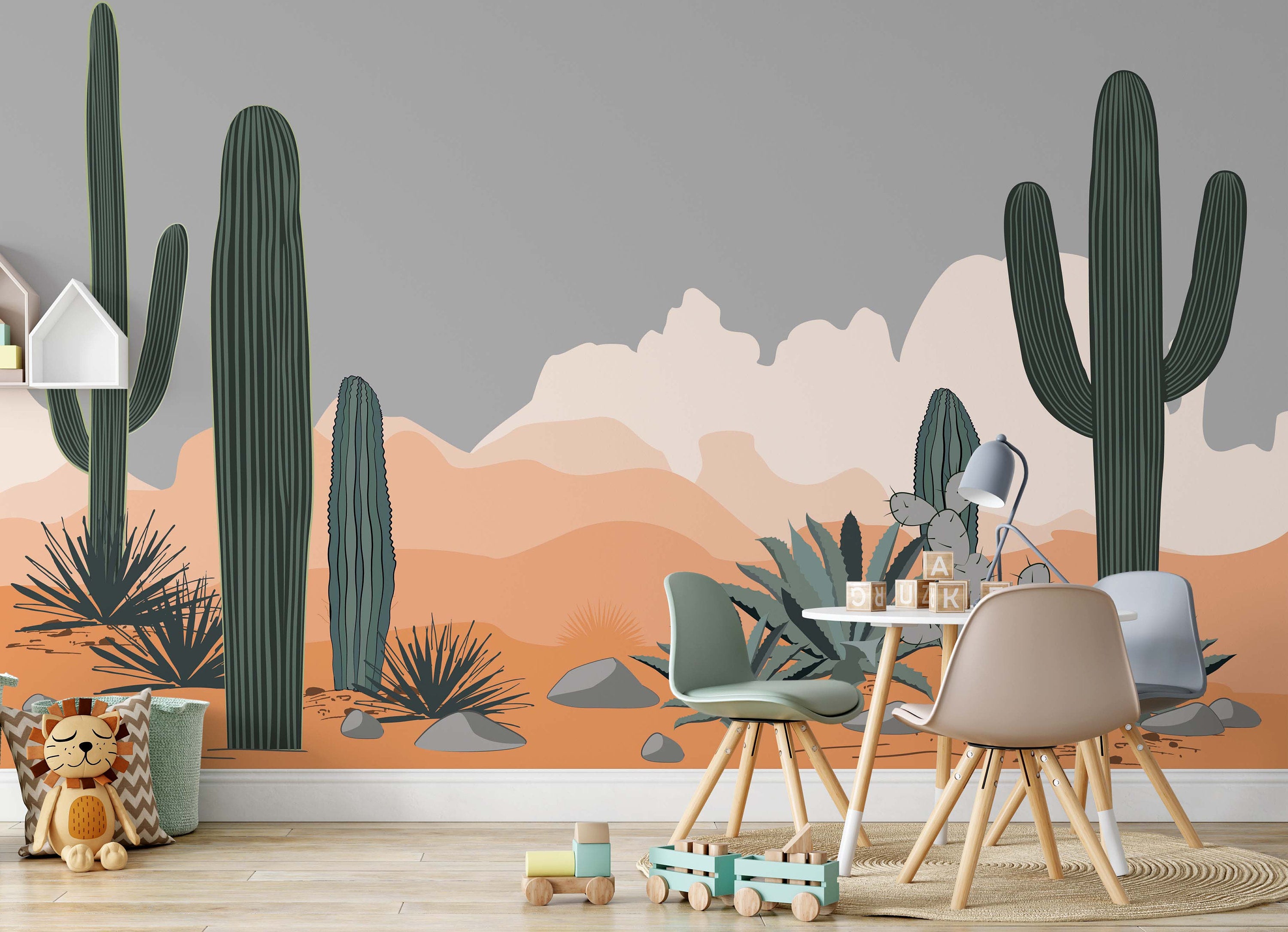 Desert Agave and Saguaro Cacti Mountains Background Wallpaper Nursery Children Kids Room Mural Home Decor Wall Art Removable
