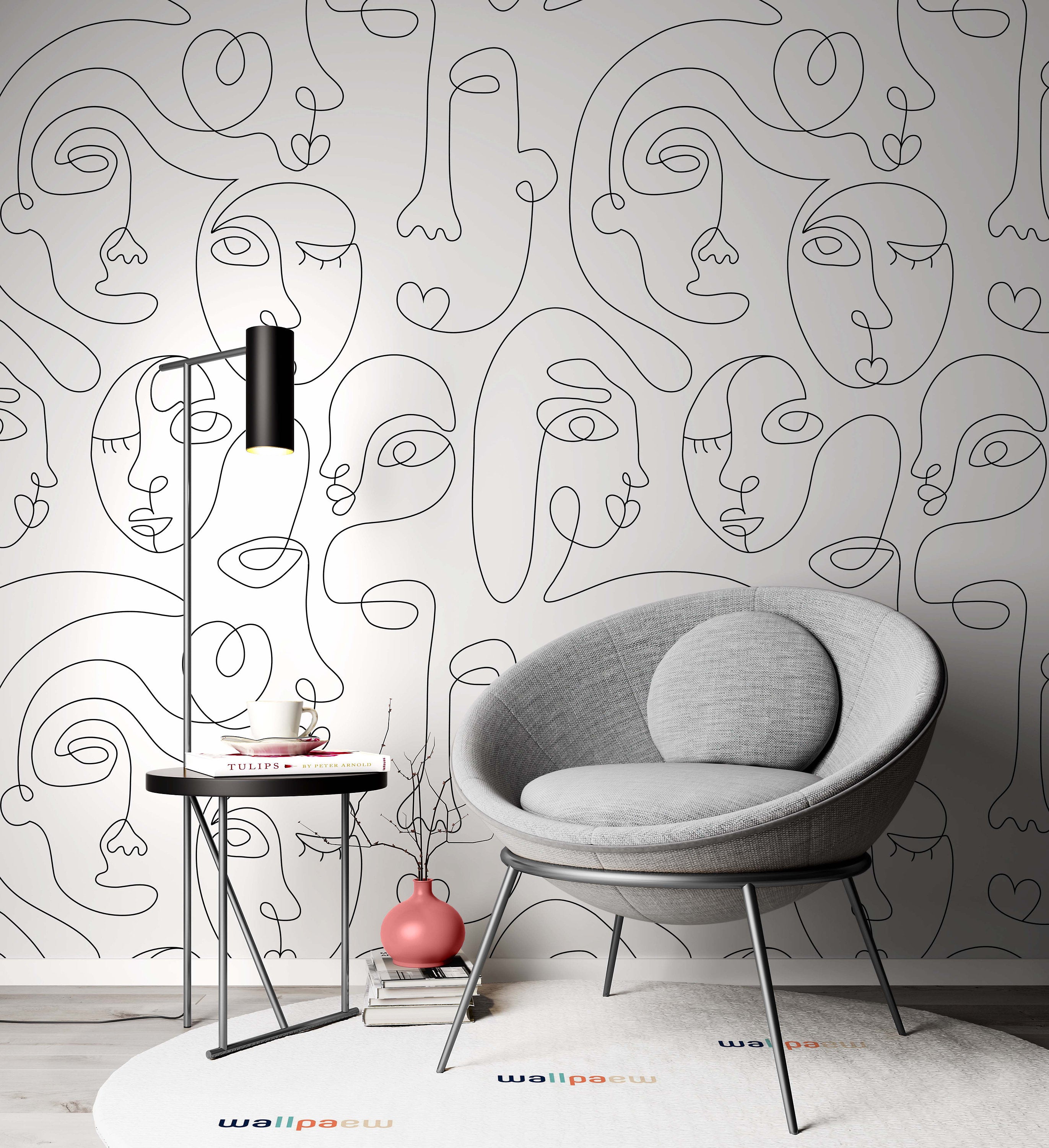 One Line Drawing Abstract Face Seamless Pattern Funny Wallpaper Nursery Children Kids Room Mural Home Decor Wall Art Removable