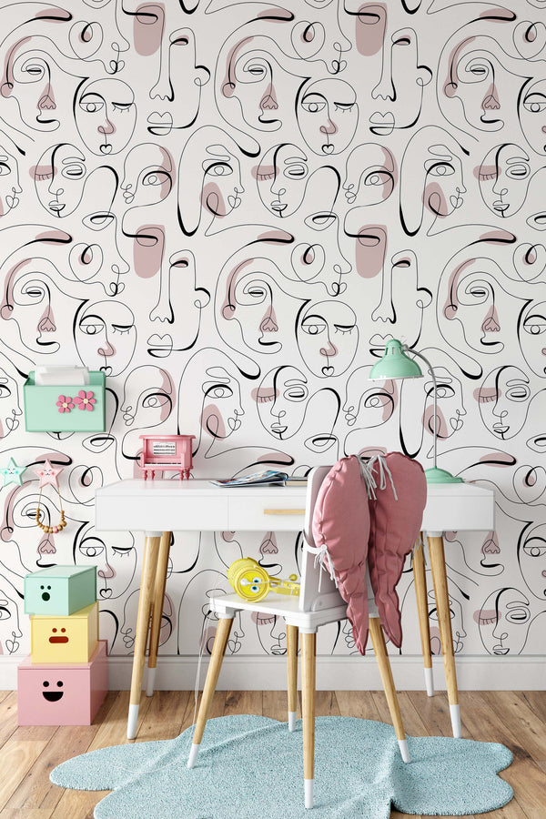 One Line Drawing Abstract Face Seamless Pattern Funny Background Wallpaper Nursery Children Kids Room Mural Home Decor Wall Art Removable