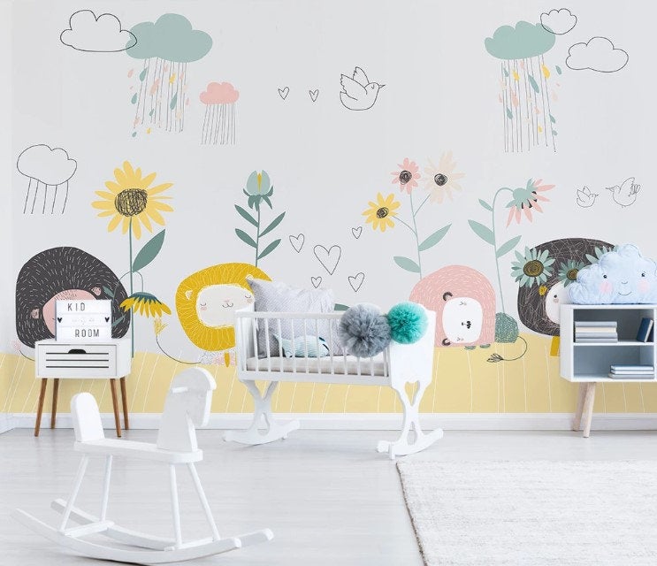 Hand Draw Kids Flowers Hearts Birds Wallpaper Nursery Children Kids Room Mural Home Decor Wall Art Removable