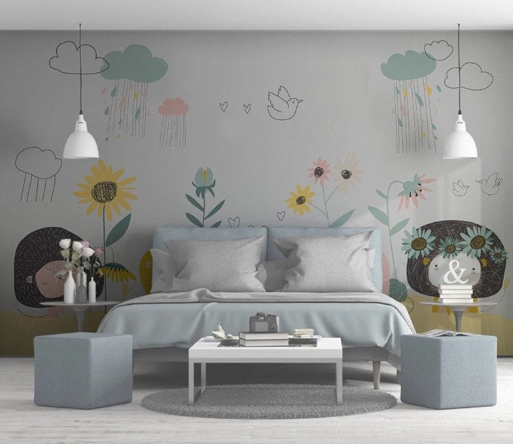 Hand Draw Kids Flowers Hearts Birds Wallpaper Nursery Children Kids Room Mural Home Decor Wall Art Removable
