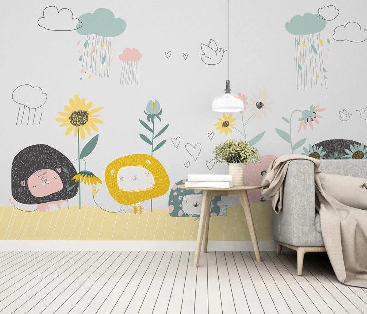 Hand Draw Kids Flowers Hearts Birds Wallpaper Nursery Children Kids Room Mural Home Decor Wall Art Removable