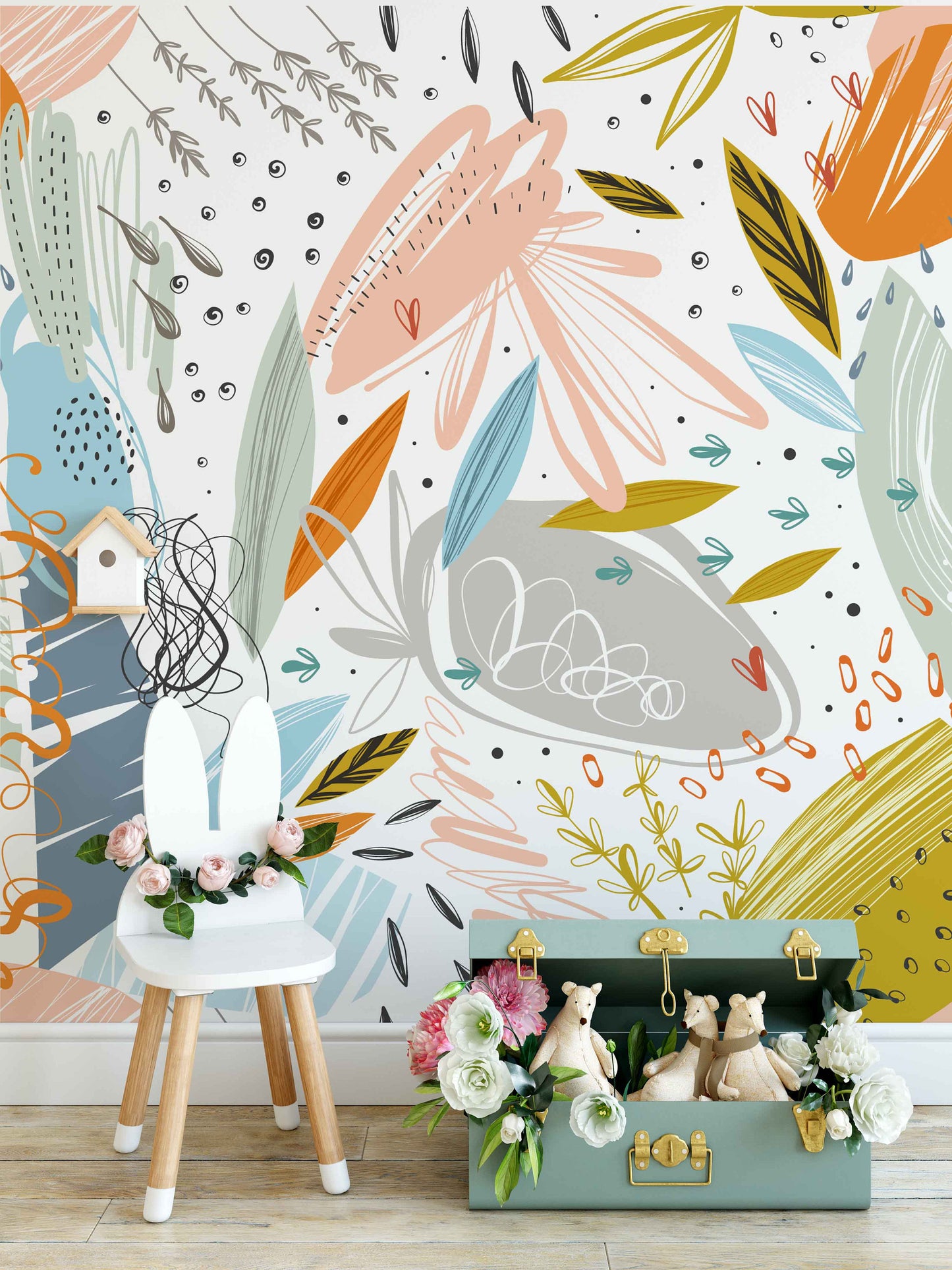 Cute Fun Design Floral Background Wallpaper Self Adhesive Peel and Stick Wall Sticker Wall Decoration Minimalistic Scandinavian Removable
