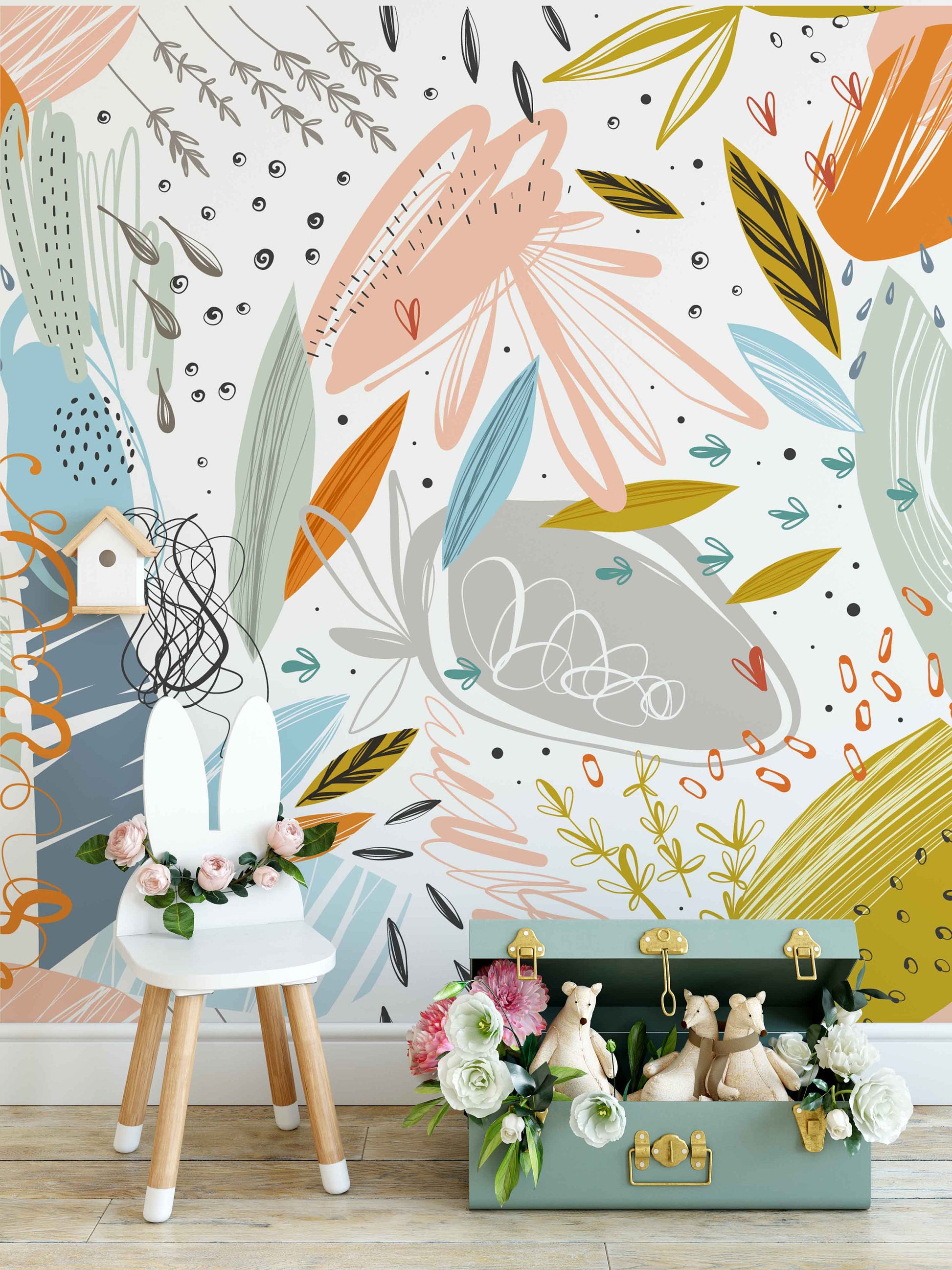 Cute Fun Design Floral Background Wallpaper Self Adhesive Peel and Stick Wall Sticker Wall Decoration Minimalistic Scandinavian Removable