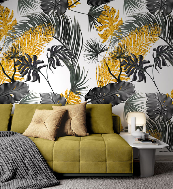 Black and Orange Leaves Background Flowers Modern Floral Wallpaper Self Adhesive Peel and Stick Wall Sticker Wall Decoration Removable