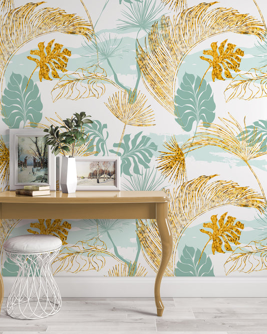 Tropical Banana Palm Leaves Light Blue and Orange Floral Modern Wallpaper Self Adhesive Peel & Stick Wall Sticker Wall Decoration Removable