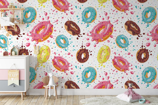 Donuts Pink Chocolate Lemon Blue Mint Wallpaper Bedroom Children Kids Room Mural Home Decor Wall Art