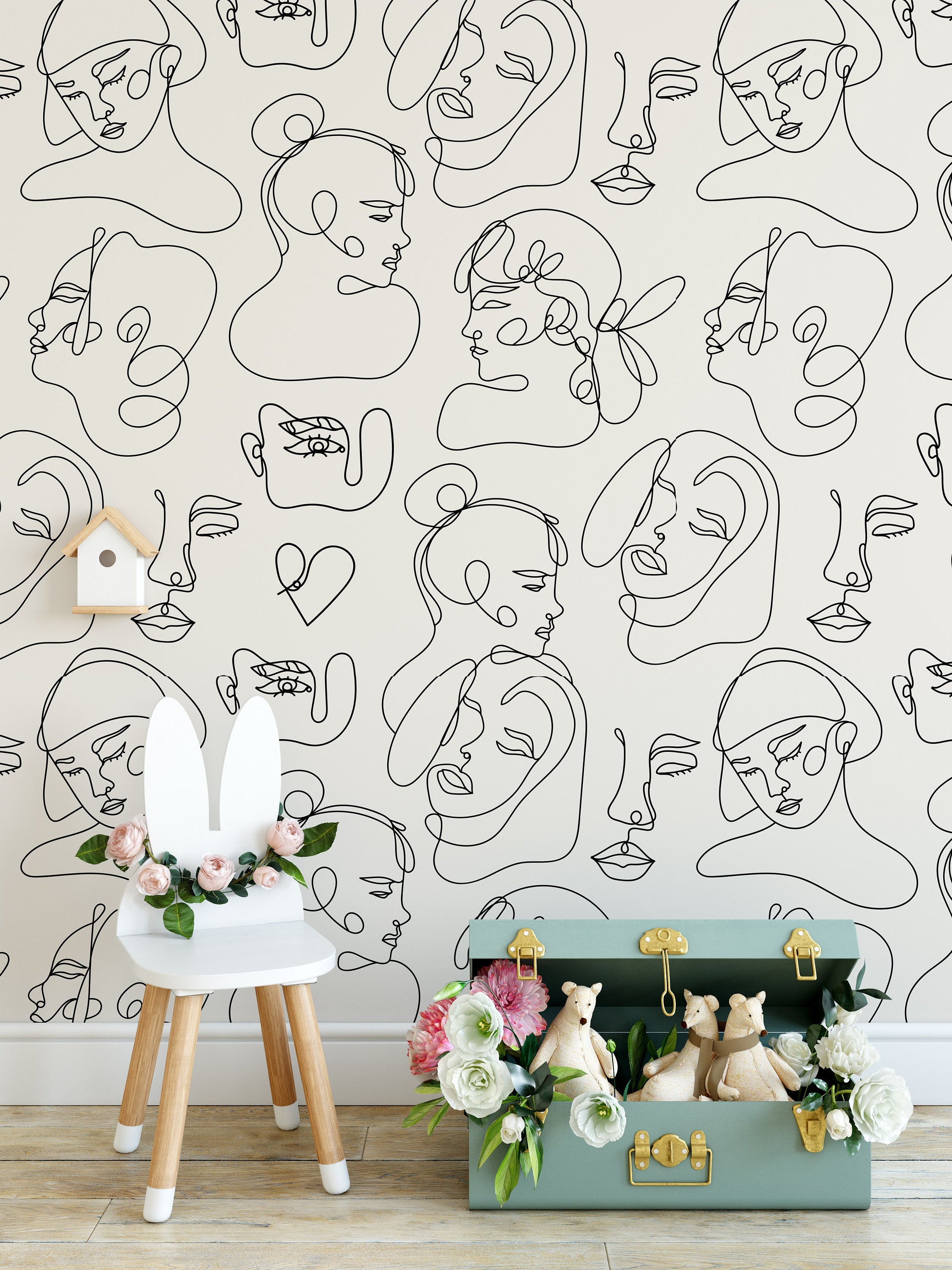 Modern Abstract Faces Contemporary Female Silhouettes Background Wallpaper Bedroom Children Kids Room Mural Home Decor Wall Art