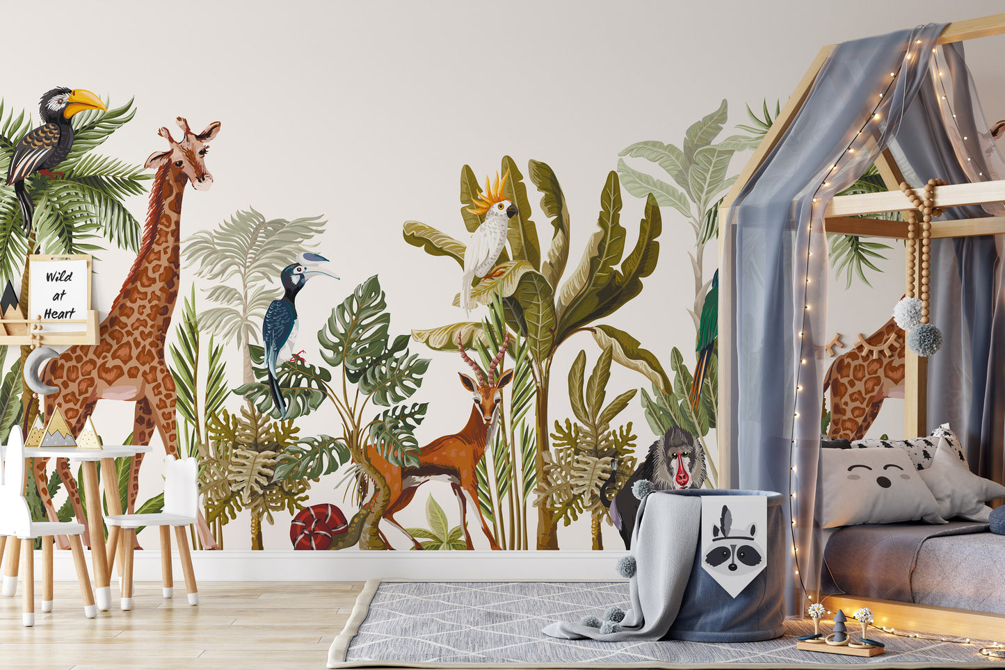 Tropical Exotic Trees Banana Palm Leaves African Animals Wallpaper Animal Nursery Children Kids Room Mural Home Decor Wall Art