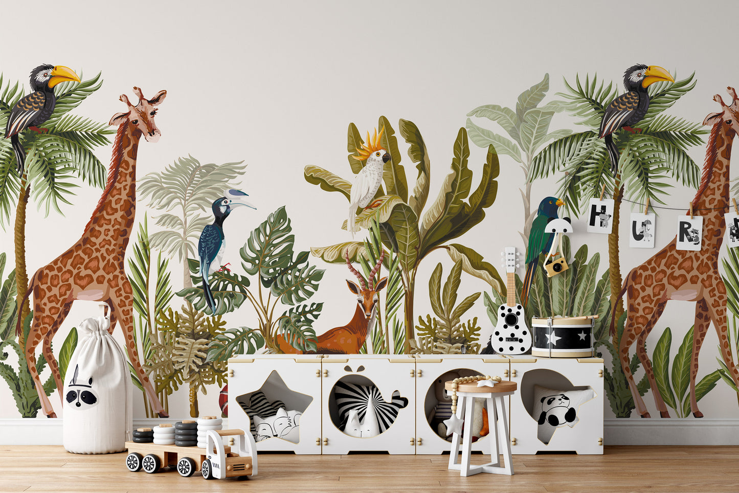 Tropical Exotic Trees Banana Palm Leaves African Animals Wallpaper Animal Nursery Children Kids Room Mural Home Decor Wall Art