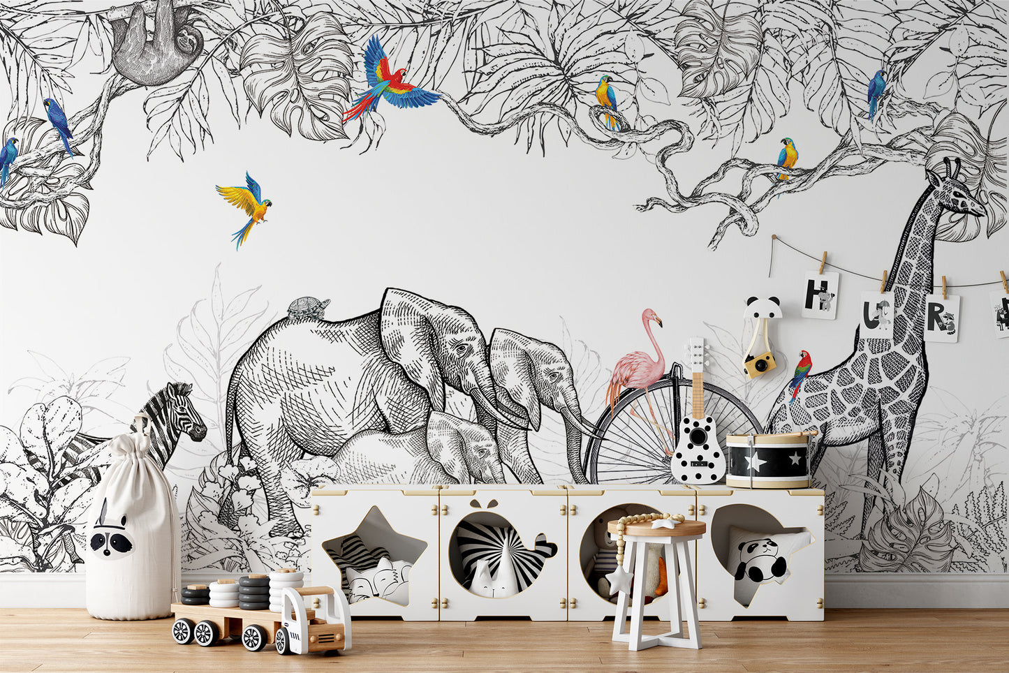 Hand Draw Elephants Trees Leaves and Flamingo Colorful Birds Wallpaper Animal Confused Children Kids Room Nursery Mural Home Decor Wall Art