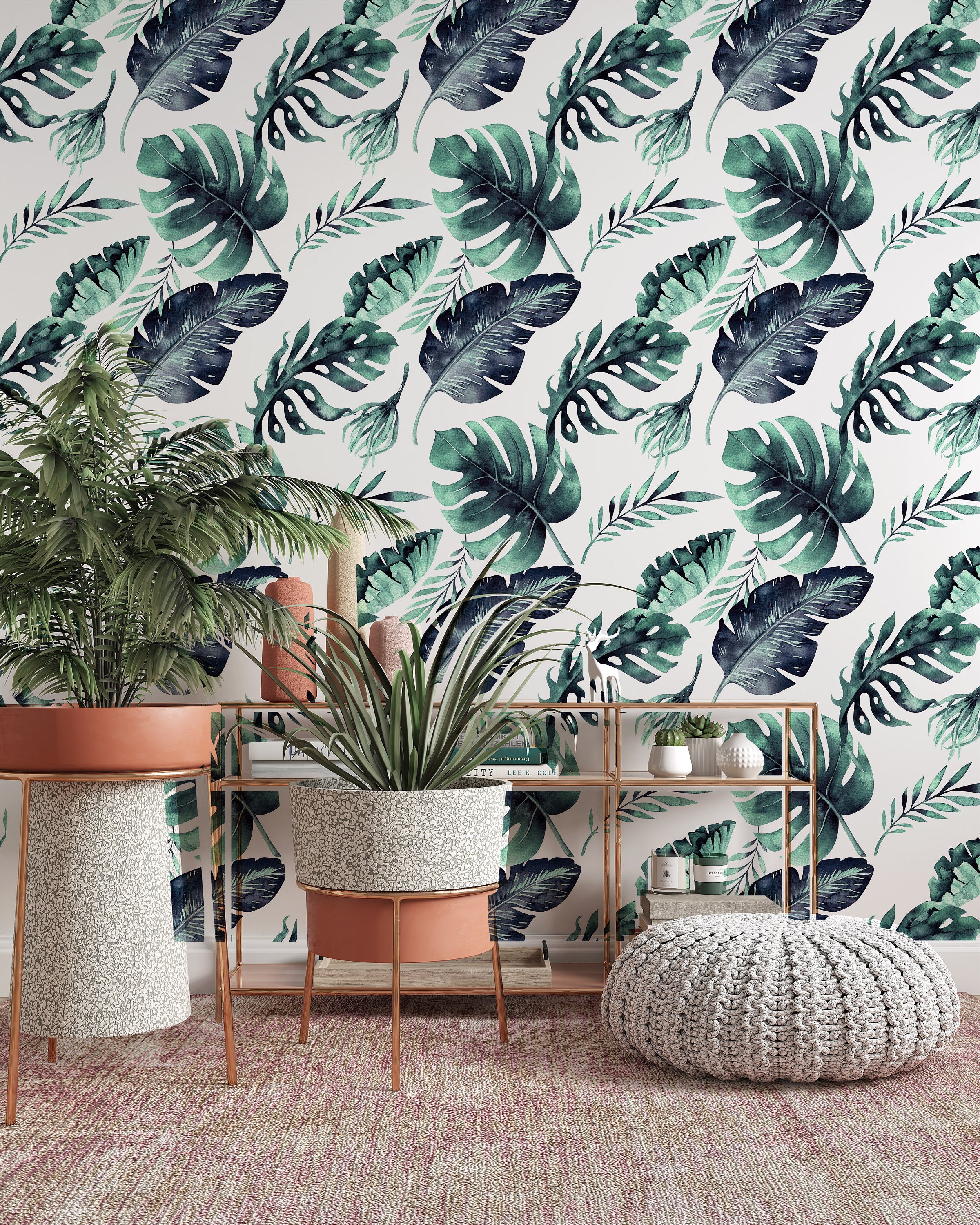 Watercolor Tropical Exotic Leaves Flowers Floral Modern Background Wallpaper Restaurant Living Room Cafe Office Bedroom Mural Home Wall Art