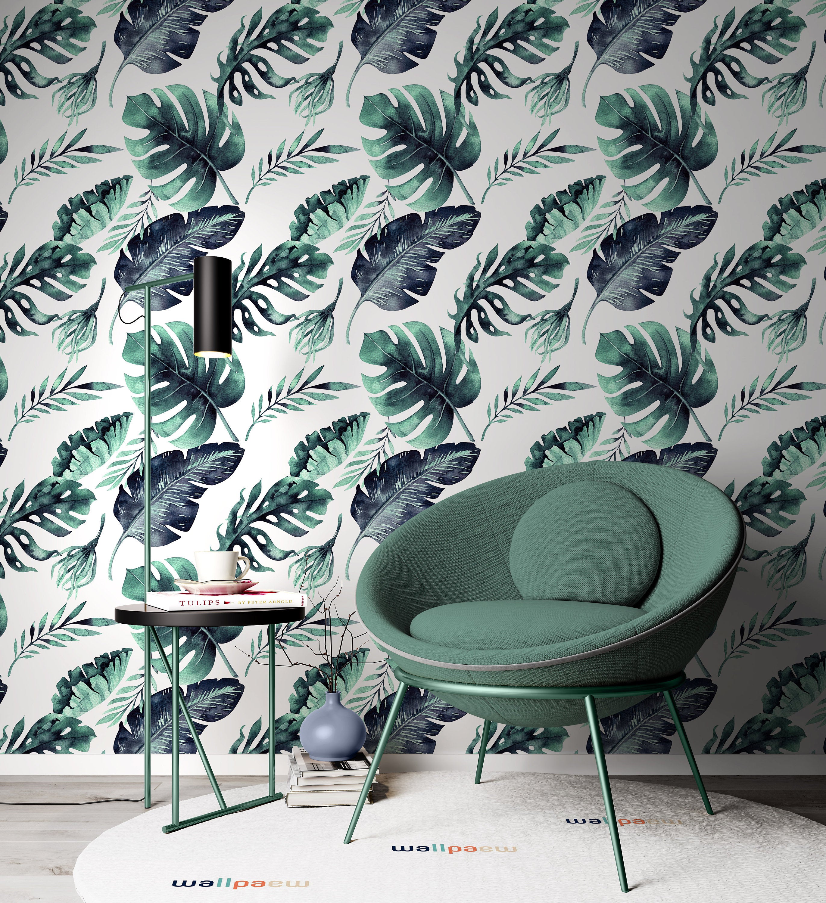 Watercolor Tropical Exotic Leaves Flowers Floral Modern Background Wallpaper Restaurant Living Room Cafe Office Bedroom Mural Home Wall Art
