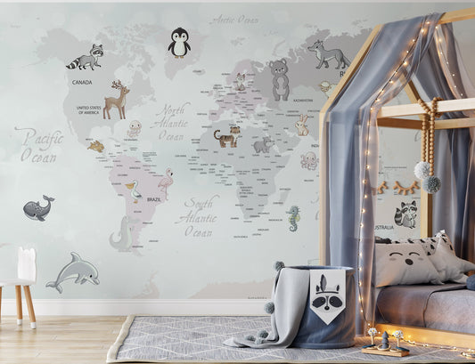 Cute Baby Animals World Map Design Wallpaper Self Adhesive Peel and Stick Wall Sticker Wall Decoration Minimalistic Scandinavian Removable